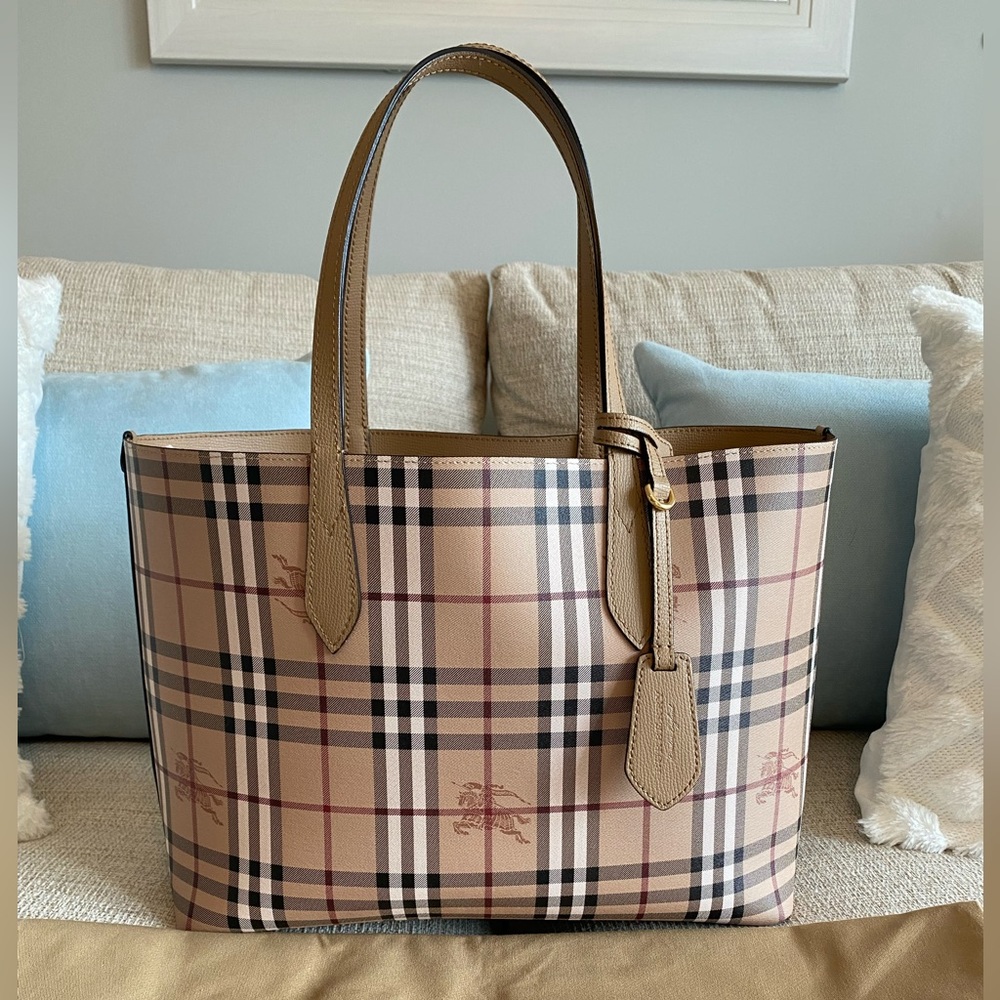 BURBERRY Calfskin Haymarket Check Medium Reversible Tote Camel